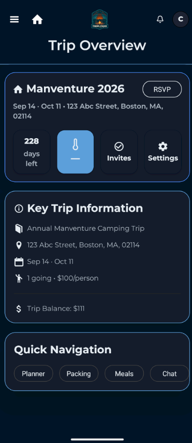 TripLogix app showing trip planning interface